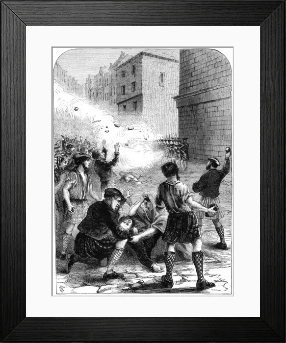 Framed Print : Soldiers firing on rioters during the insurrection at Glasgow, 1706 (19th century) Framed Print : Soldiers firing on rioters during the insurrection at Glasgow, 1706 (19th century)