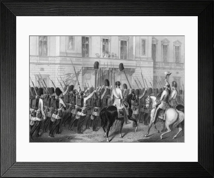 Framed Print : Queen Victoria receiving the Guards at Buckingham Palace, 1857. Artist: G Greatbach Framed Print : Queen Victoria receiving the Guards at Buckingham Palace, 1857. Artist: G Greatbach