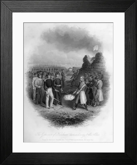 Framed Print : The Governor of Kinburn surrendering to the allies, Crimean War, 17 October 1855, (1857). Artist: G Greatbach Framed Print : The Governor of Kinburn surrendering to the allies, Crimean War, 17 October 1855, (1857). Artist: G Greatbach