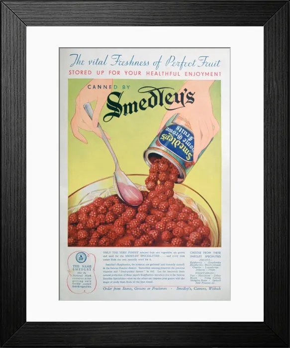 Framed Print : Advert for Smedleys tinned fruit, 1936 Framed Print : Advert for Smedleys tinned fruit, 1936