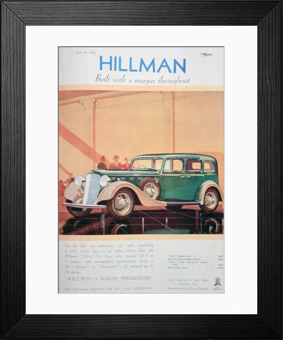 Framed Print : Advert for Hillman motor cars, 1935 Framed Print : Advert for Hillman motor cars, 1935