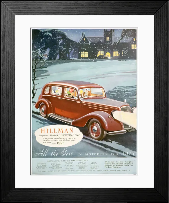 Framed Print : Advert for Hillman motor cars, 1936 Framed Print : Advert for Hillman motor cars, 1936