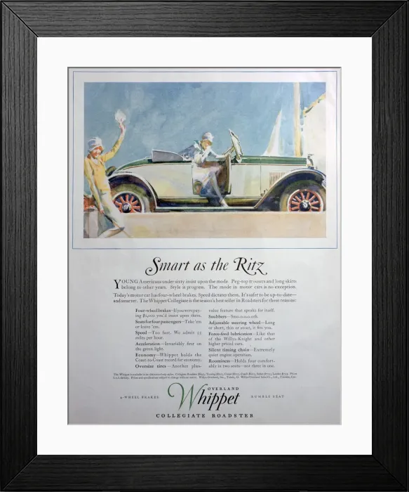Framed Print : Advert for the Overland Whippet Collegiate Roadster car, 1927 Framed Print : Advert for the Overland Whippet Collegiate Roadster car, 1927