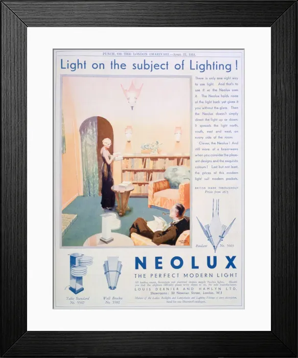 Framed Print : Advert for Neolux light fittings, 1931 Framed Print : Advert for Neolux light fittings, 1931