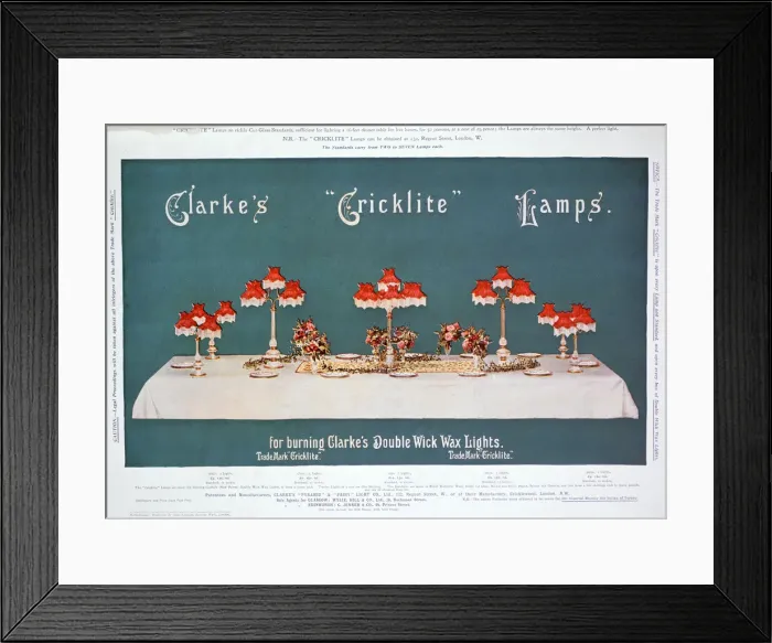 Framed Print : Advert for Clarkes Cricklite Lamps, 1899 Framed Print : Advert for Clarkes Cricklite Lamps, 1899