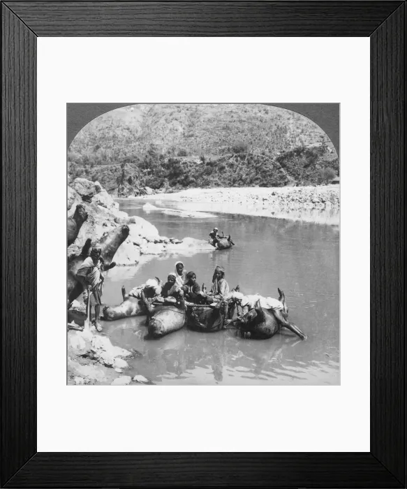 Framed Print : Inflated bullock skins used as ferry boats on the Sutlej River, Punjab, India, c1900s Framed Print : Inflated bullock skins used as ferry boats on the Sutlej River, Punjab, India, c1900s