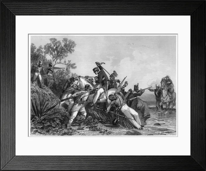 Framed Print : Fugitive British officers and their families attacked by mutineers, 1857, (c1860) Framed Print : Fugitive British officers and their families attacked by mutineers, 1857, (c1860)
