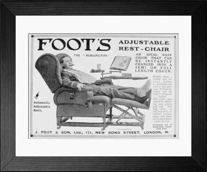 Framed Print : Advert for Foots Burlington adjustable rest-chair, 1916 Framed Print : Advert for Foots Burlington adjustable rest-chair, 1916