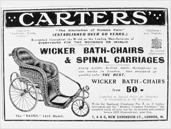 Advert for Carters wicker bath chairs and spinal carriages, 1916