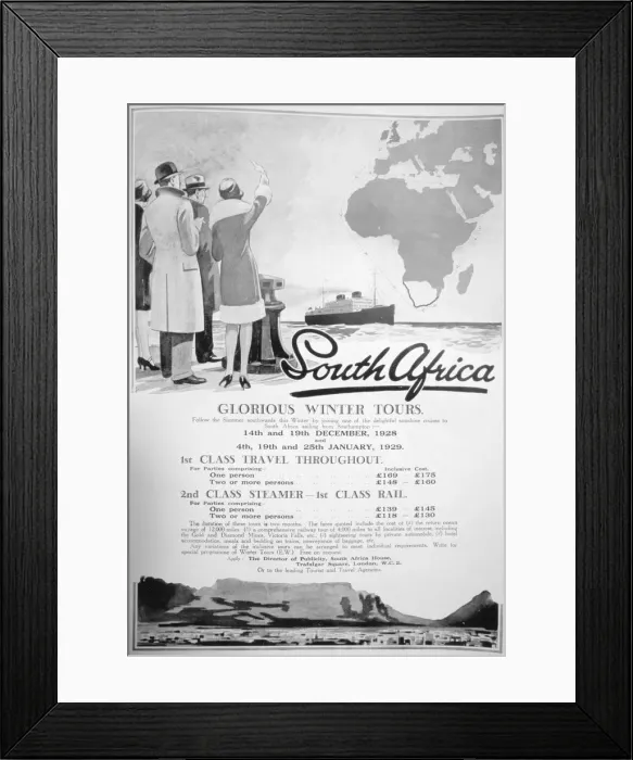Framed Print : Advert for winter tours of South Africa, 1928 Framed Print : Advert for winter tours of South Africa, 1928