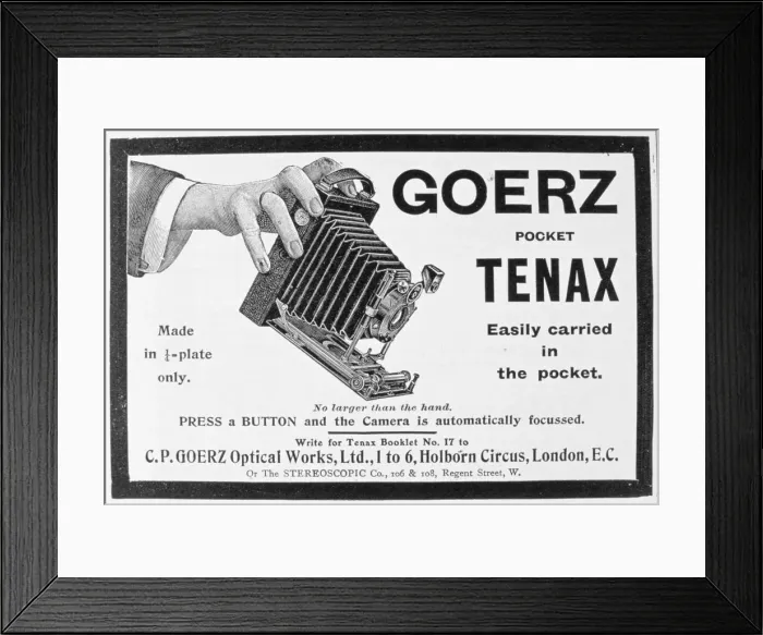 Framed Print : Advert for the Goerz Pocket Tenax camera, 1909 Framed Print : Advert for the Goerz Pocket Tenax camera, 1909