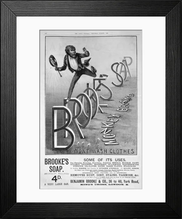 Framed Print : Advert for Brookes Monkey Brand soap, 1889 Framed Print : Advert for Brookes Monkey Brand soap, 1889