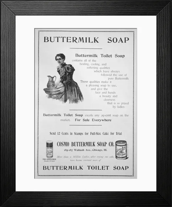 Framed Print : Advert for Cosmo Buttermilk toilet soap, 1894 Framed Print : Advert for Cosmo Buttermilk toilet soap, 1894