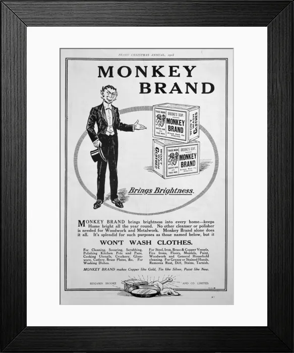 Framed Print : Advert for Brookes Monkey Brand soap, 1918 Framed Print : Advert for Brookes Monkey Brand soap, 1918