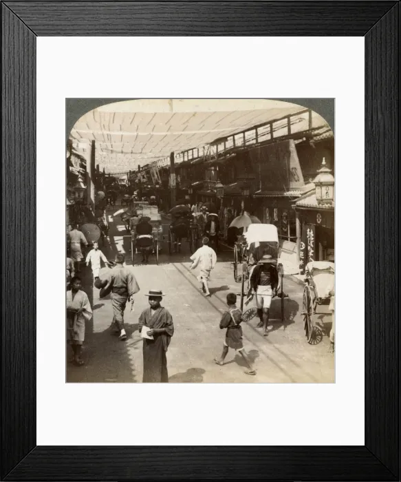 Framed Print : Midsummer traffic under the awnings of Shijo Bashidori, a busy thoroughfare of Kyoto, Japan, 1904. Artist: Underwood & Underwood Framed Print : Midsummer traffic under the awnings of Shijo Bashidori, a busy thoroughfare of Kyoto, Japan, 1904. Artist: Underwood & Underwood
