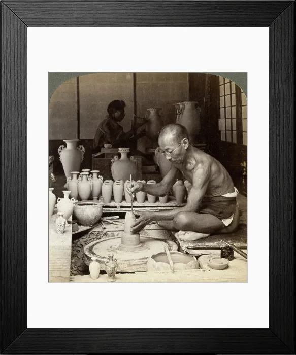 Framed Print : A potter and his wheel, fashioning a vase of Awata porcelain, Kinkosan works, Kyoto, Japan, 1904. Artist: Underwood & Underwood Framed Print : A potter and his wheel, fashioning a vase of Awata porcelain, Kinkosan works, Kyoto, Japan, 1904. Artist: Underwood & Underwood