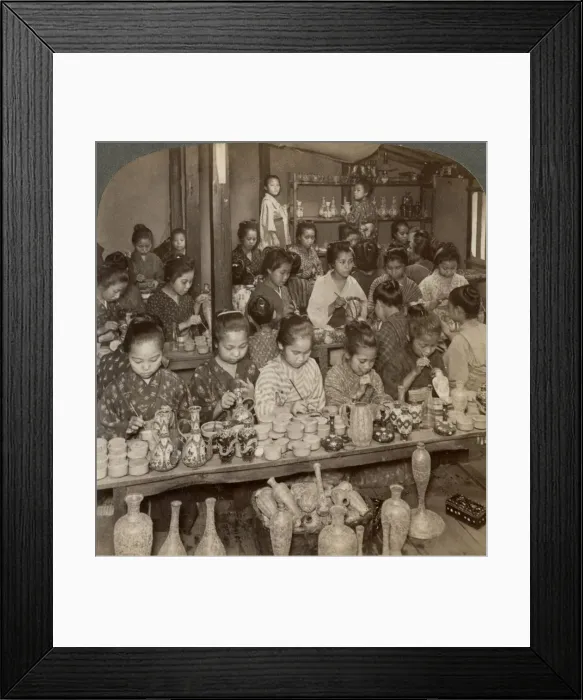 Framed Print : Factory girls decorating cheap pottery for the foreign markets, Kyoto, Japan, 1904. Artist: Underwood & Underwood Framed Print : Factory girls decorating cheap pottery for the foreign markets, Kyoto, Japan, 1904. Artist: Underwood & Underwood