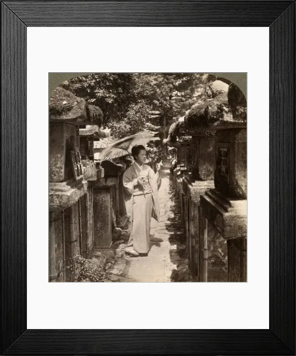 Framed Print : A woman Shinto devotee counting the stone lanterns, Kasuga Shrine, Nara, Japan, 1904. Artist: Underwood & Underwood Framed Print : A woman Shinto devotee counting the stone lanterns, Kasuga Shrine, Nara, Japan, 1904. Artist: Underwood & Underwood