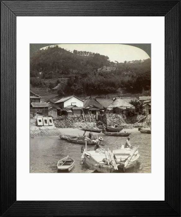 Framed Print : Fishing village of Obatake on the Inland Sea, looking north to the terraced rice fields, Japan, 1904Artist: Underwood & Underwood Framed Print : Fishing village of Obatake on the Inland Sea, looking north to the terraced rice fields, Japan, 1904Artist: Underwood & Underwood