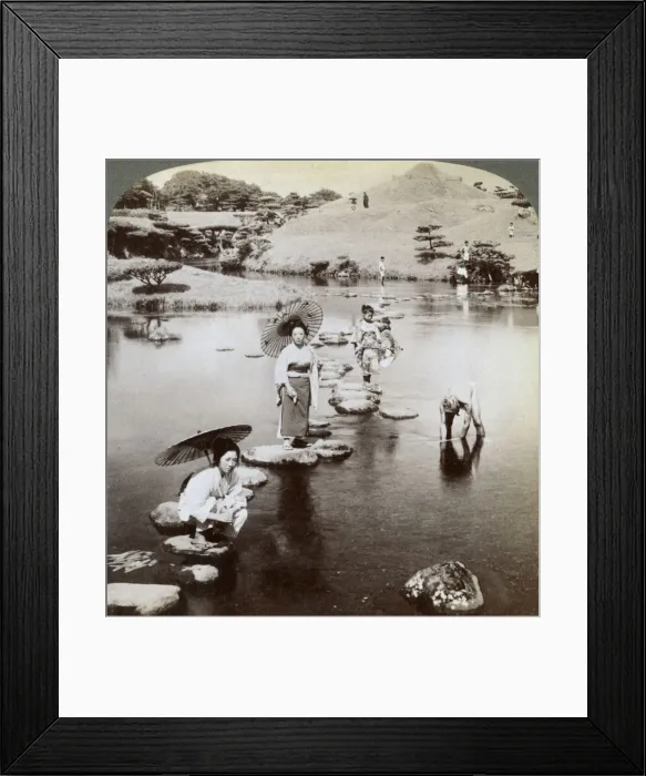 Framed Print : Women crossing the lake on stepping stones, Suizen-ji Garden, Kumamoto, Japan, 1904. Artist: Underwood & Underwood Framed Print : Women crossing the lake on stepping stones, Suizen-ji Garden, Kumamoto, Japan, 1904. Artist: Underwood & Underwood