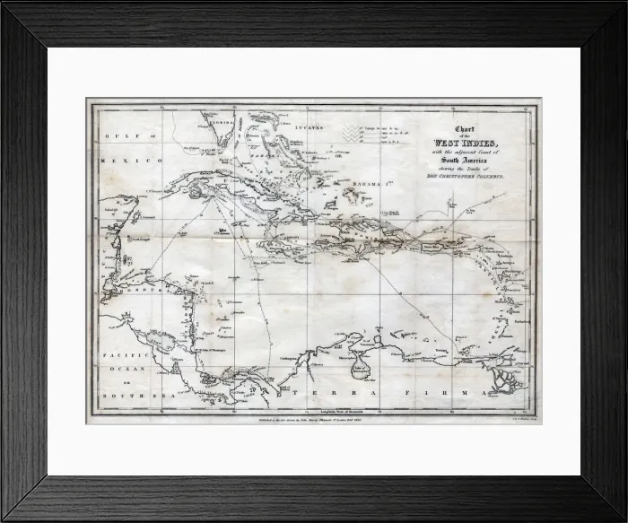 Framed Print : Chart of the West Indies, with the adjacent Coast of South America, 1830. Artist: J&C Walker Framed Print : Chart of the West Indies, with the adjacent Coast of South America, 1830. Artist: J&C Walker
