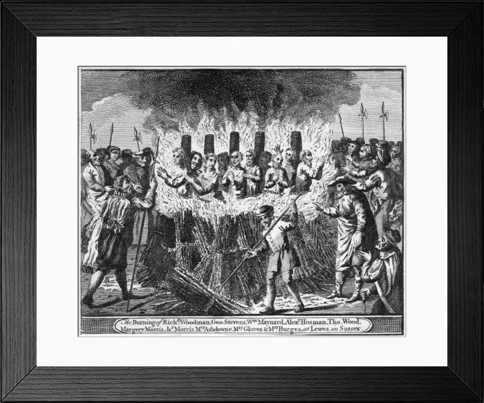 Framed Print : The Burning of Richard Woodman and nine other protestant martyrs, at Lewes in Sussex
