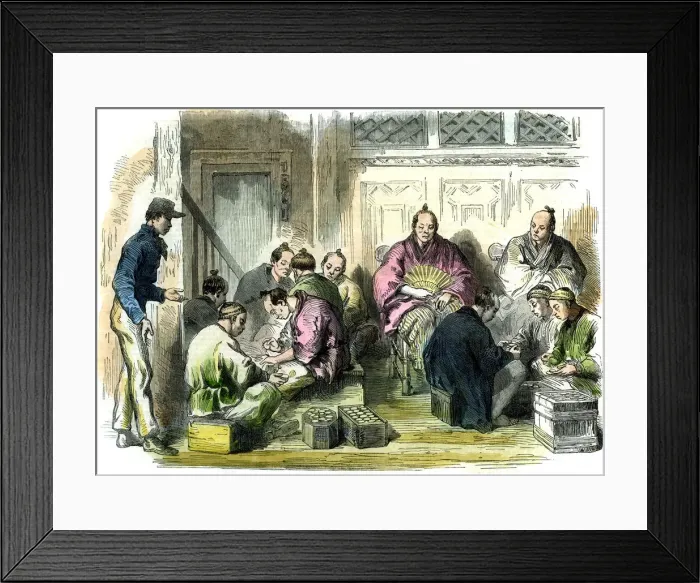 Framed Print : Counting the compensation money for the murder of Mr Richardson, Japan, 1863 Framed Print : Counting the compensation money for the murder of Mr Richardson, Japan, 1863
