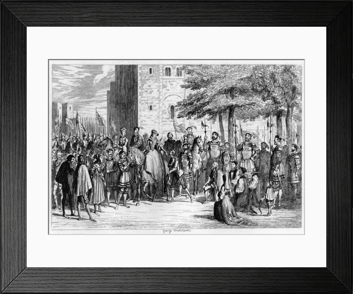 Framed Print : Queen Mary receiving the prisoners on the Tower Green, 1553 (1840). Artist: George Cruikshank Framed Print : Queen Mary receiving the prisoners on the Tower Green, 1553 (1840). Artist: George Cruikshank