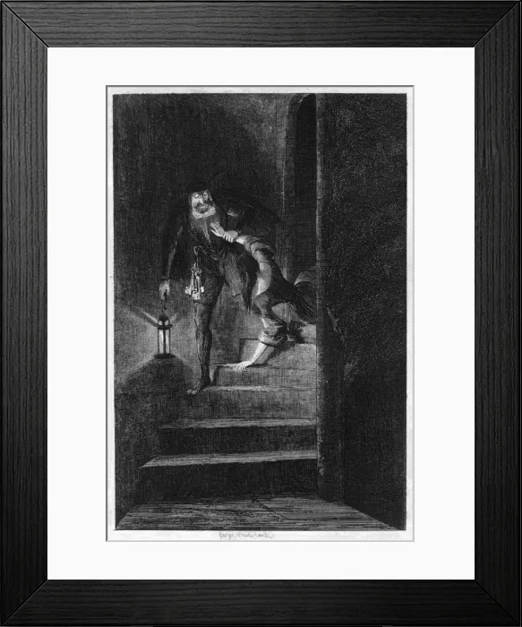 Framed Print : Lawrence Nightgall dragging Cicely down the secret stairs in the Salt Tower, 1840. Artist: George Cruikshank Framed Print : Lawrence Nightgall dragging Cicely down the secret stairs in the Salt Tower, 1840. Artist: George Cruikshank