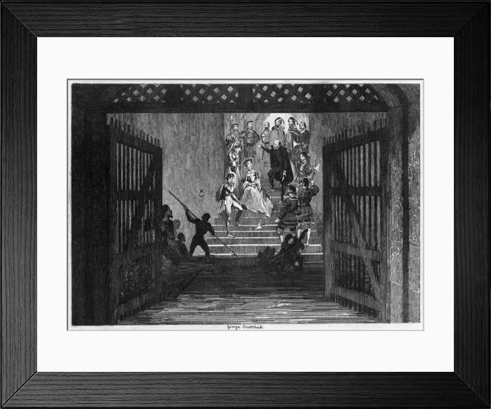 Framed Print : Princess Elizabeth brought as a prisoner to the Tower of London, 1554 (1840). Artist: George Cruikshank Framed Print : Princess Elizabeth brought as a prisoner to the Tower of London, 1554 (1840). Artist: George Cruikshank