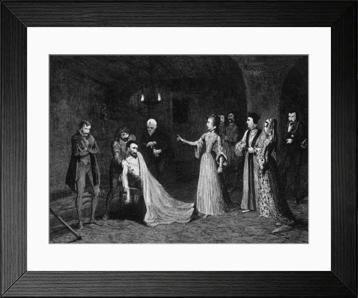 Framed Print : Princess Elizabeth confronted with Sir Thomas Wyatt in the torture chamber, 1554 (1840). Artist: George Cruikshank Framed Print : Princess Elizabeth confronted with Sir Thomas Wyatt in the torture chamber, 1554 (1840). Artist: George Cruikshank
