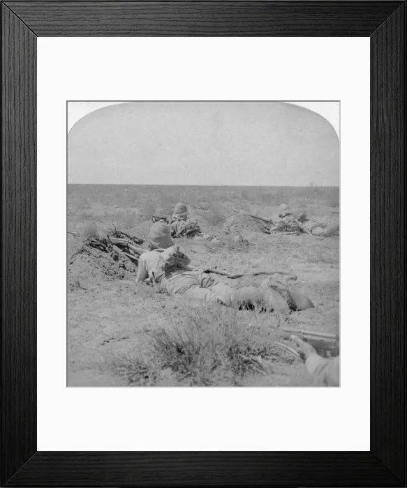 Framed Print : On the fighting line with the Queens bravest, Modder River, South Africa, 1900. Artist: Underwood & Underwood Framed Print : On the fighting line with the Queens bravest, Modder River, South Africa, 1900. Artist: Underwood & Underwood