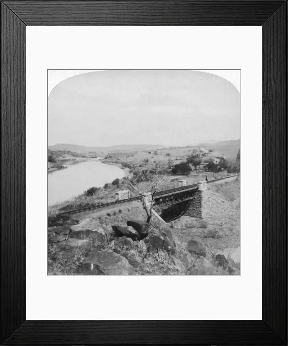 Framed Print : Pom-pom bridge and Boer headquarters telegraph station, Tugela River, Natal, South Africa, 1901. Artist: Underwood & Underwood Framed Print : Pom-pom bridge and Boer headquarters telegraph station, Tugela River, Natal, South Africa, 1901. Artist: Underwood & Underwood