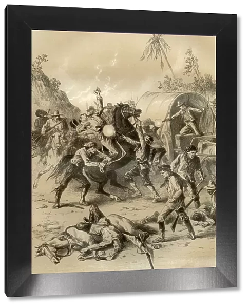 Gold escort attacked by bushrangers, Australia, 1879. Artist: McFarlane and Erskine