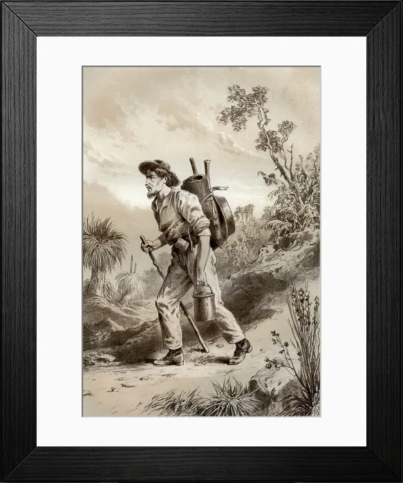 Framed Print : Digger on the tramp, Australia, 1879. Artist: McFarlane and Erskine Framed Print : Digger on the tramp, Australia, 1879. Artist: McFarlane and Erskine