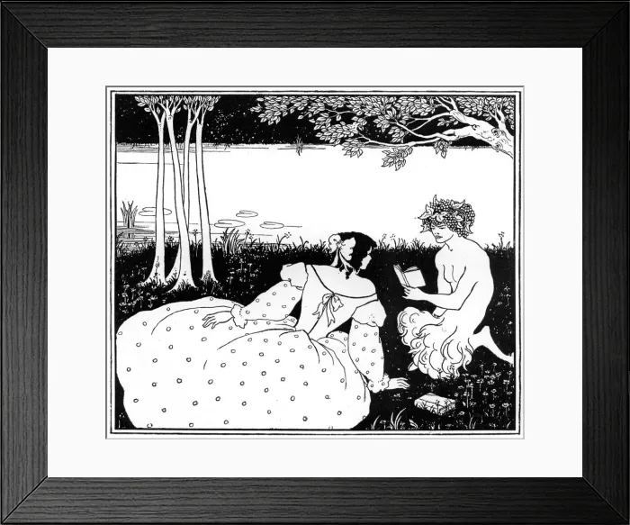 Framed Print : Pan reading to a woman by a brook, 1898. Artist: Aubrey Beardsley Framed Print : Pan reading to a woman by a brook, 1898. Artist: Aubrey Beardsley