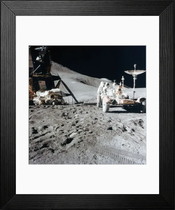 Framed Print : James Irwin (1930-1991) with the Lunar Roving Vehicle during Apollo 15, 1971. Artist: NASA Framed Print : James Irwin (1930-1991) with the Lunar Roving Vehicle during Apollo 15, 1971. Artist: NASA