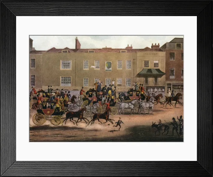 Framed Print : North Country Mails at the Peacock, Islington, 1823 (1927). Artist: Thomas Sutherland Framed Print : North Country Mails at the Peacock, Islington, 1823 (1927). Artist: Thomas Sutherland