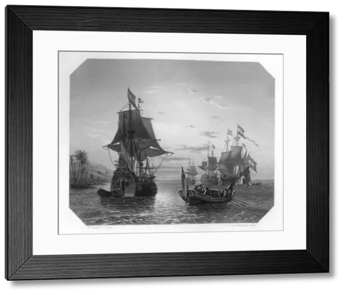 Framed Print : The first Dutch ship in East Indies, 1596, (c1870). Artist: Van Kesteren Framed Print : The first Dutch ship in East Indies, 1596, (c1870). Artist: Van Kesteren