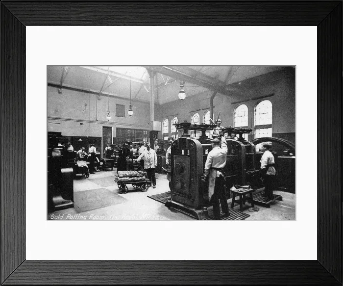 Framed Print : The Gold Rolling Room, the Royal Mint, Tower Hill, London, early 20th century Framed Print : The Gold Rolling Room, the Royal Mint, Tower Hill, London, early 20th century