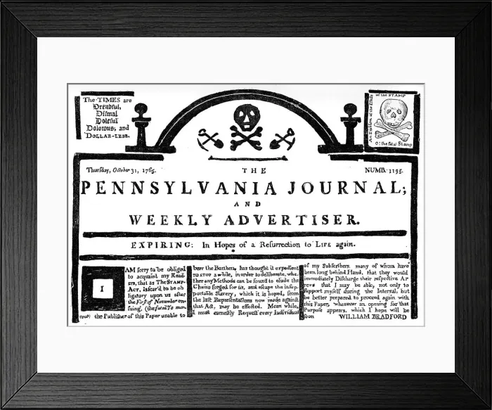 Framed Print : Facsimile of the Pennsylvania Journal on the Stamp Act, 1765 (c1880) Framed Print : Facsimile of the Pennsylvania Journal on the Stamp Act, 1765 (c1880)