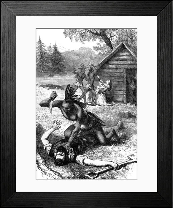 Framed Print : Massacre of settlers by Native Americans, c17th century (c1880) Framed Print : Massacre of settlers by Native Americans, c17th century (c1880)