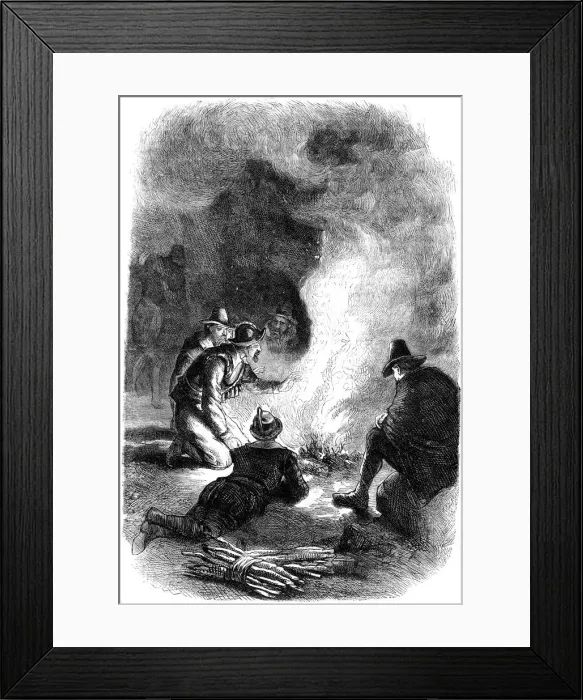 Framed Print : Pilgrim Fathers around a watch-fire, c1620 (c1880) Framed Print : Pilgrim Fathers around a watch-fire, c1620 (c1880)