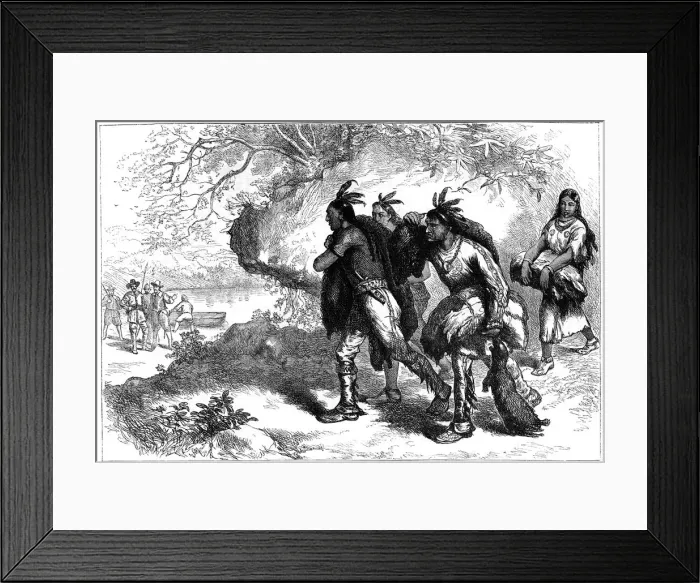 Framed Print : Native Americans bringing beaver skins to European traders, 17th century (c1880) Framed Print : Native Americans bringing beaver skins to European traders, 17th century (c1880)