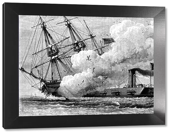 The Confederate ironclad Merrimac sinking the USS Cumberland, 1862 (c1880)