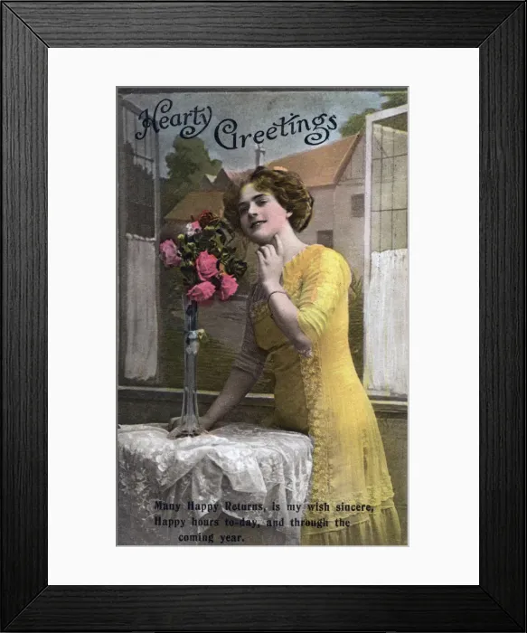 Framed Print : Hearty Greetings, birthday card, c1918