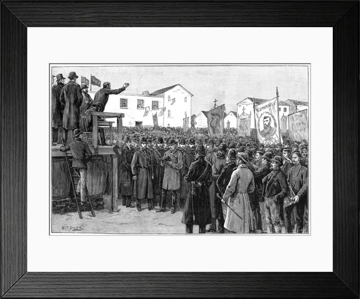Framed Print : Constabulary guarding a government reporter at a plan of campaign meeting, Ireland, 1887 Framed Print : Constabulary guarding a government reporter at a plan of campaign meeting, Ireland, 1887