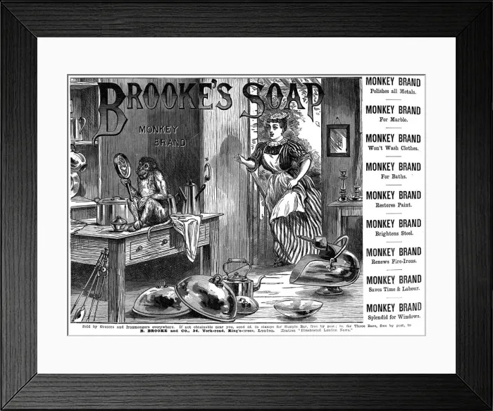 Framed Print : Advertisement for Brookes Monkey Brand Soap, 1887 Framed Print : Advertisement for Brookes Monkey Brand Soap, 1887