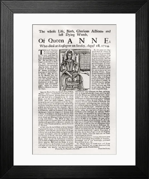 Framed Print : Broadside published on the death of Queen Anne, 1714 (1906) Framed Print : Broadside published on the death of Queen Anne, 1714 (1906)