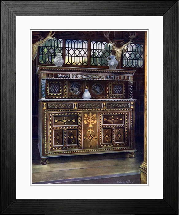 Framed Print : Carved and inlaid oak court cupboard, 1910. Artist: Edwin Foley Framed Print : Carved and inlaid oak court cupboard, 1910. Artist: Edwin Foley